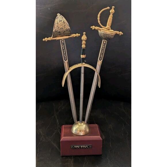 Vintage TOLEDO Spanish Damascene 2 Small Sword Cocktail Picks with Stand - Picture 1 of 11